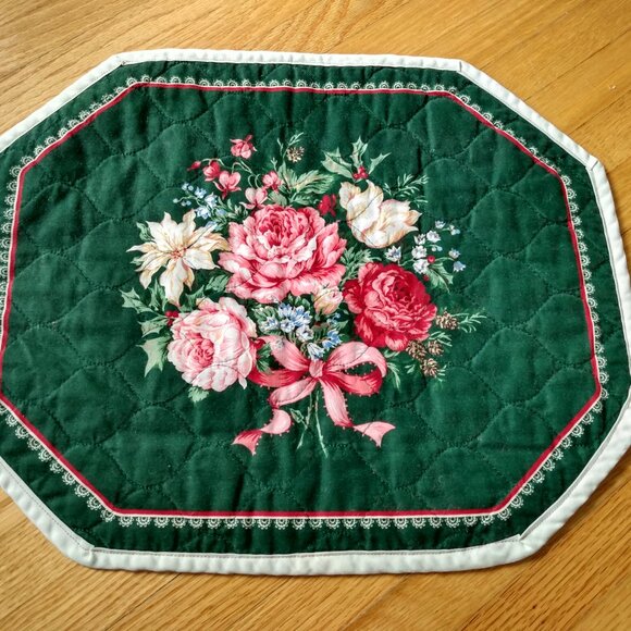 Vintage Quilted Placemats Pink Rose Green Set of 5 Handmade Dining Place Mats - Picture 9 of 16